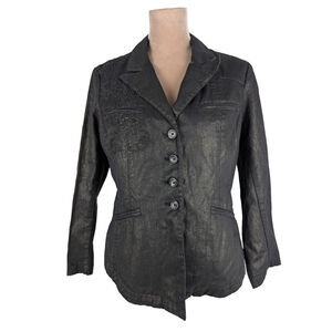 Coldwater Creek Shaped Denim Jean Jacket Sz 14P Embroidered Metallic Goth Dark